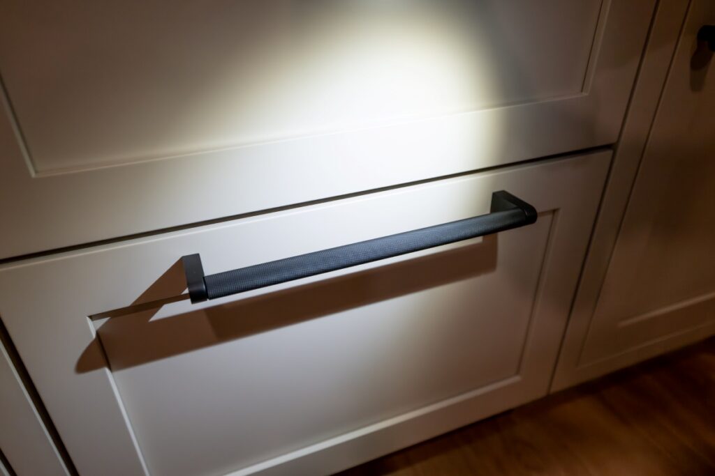 Black bar pull on Tyler Gray flush inset wet bar cabinetry in Center Valley, PA.