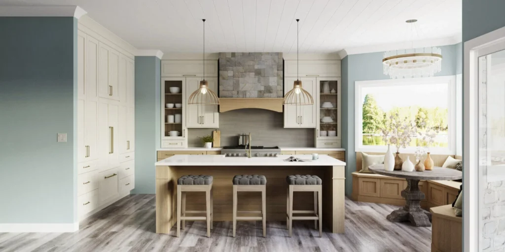 A neutral kitchen with 3 gray barstools