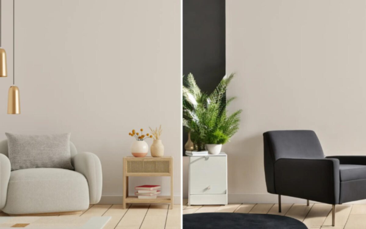 Side by side of a room with gray chair and same room with black chair.