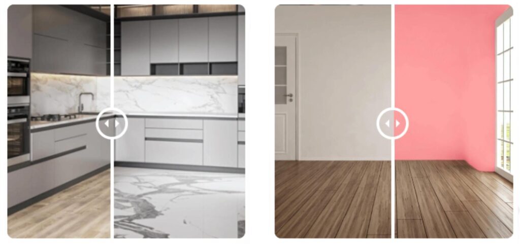 2 before and afters. Left is a kitchen and right is empty room with gray and pink wall.