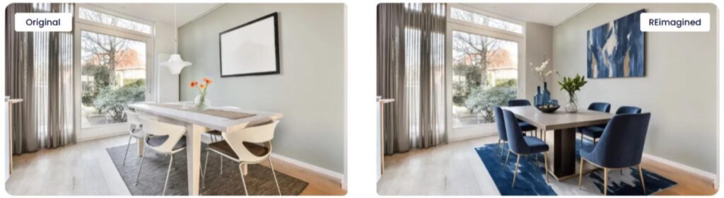 Same dining room shown twice with different table, chairs and art.