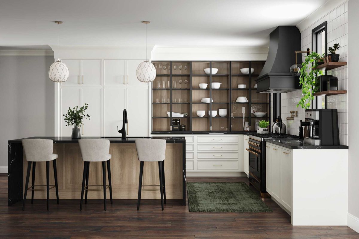 Kitchen with white and black cabinets and floating shelves.