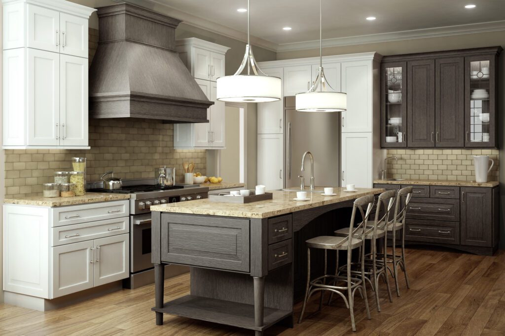 Custom lighting in a Modern Tuscan Kitchen with stone tile backsplash and custom hood